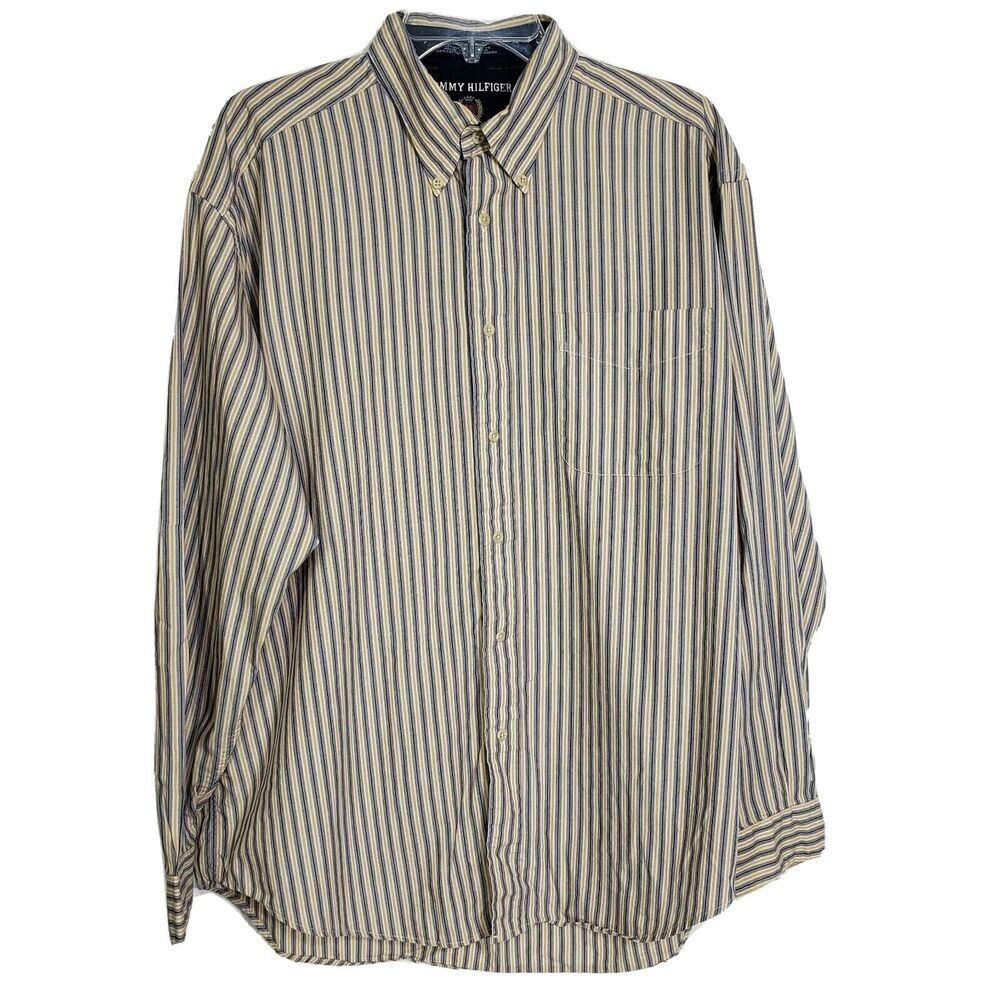 Tommy Hilfiger Mens Large L Shirt Stripe Button Down Blue Yellow Long Sleeve